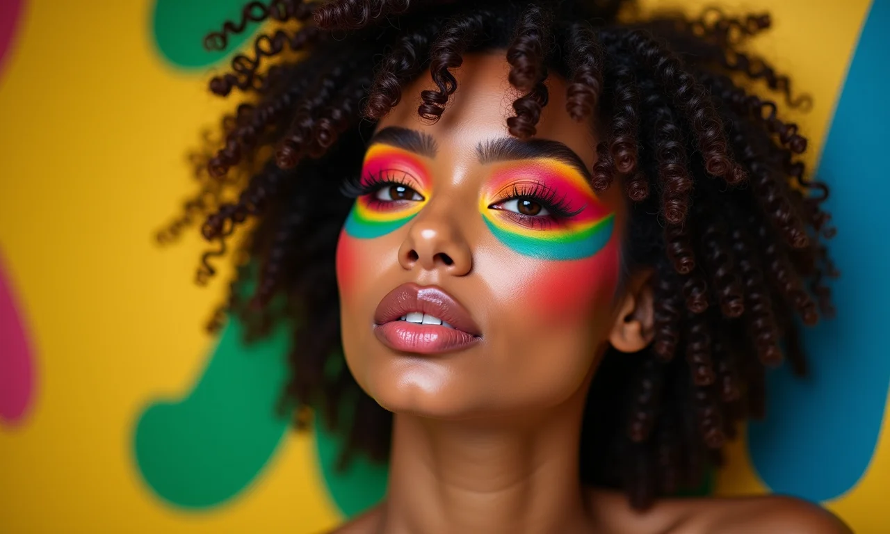 Mulher brasileira com maquiagem ousada e colorida.