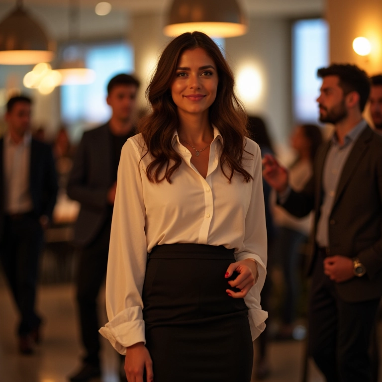 Mulher brasileira com saia lápis e blusa com detalhes especiais em festa de confraternização.