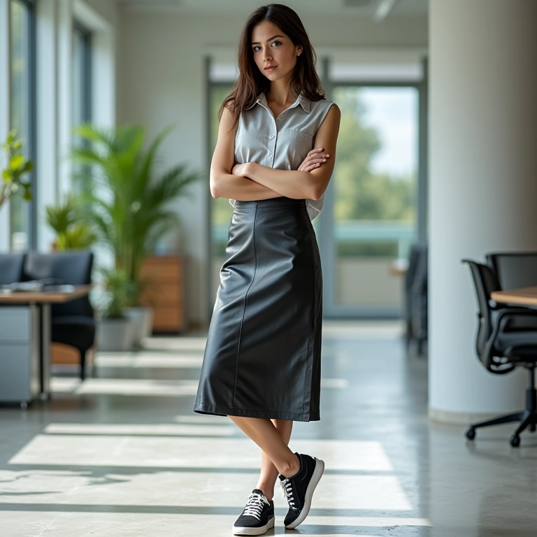 Mulher brasileira com saia midi de couro e tênis em escritório moderno com grandes janelas.