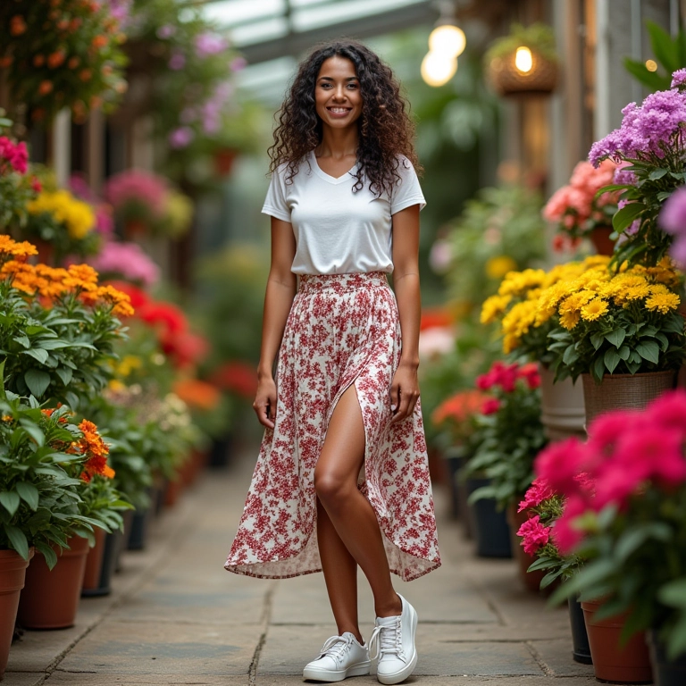 Mulher brasileira com saia midi estampada e tênis posando em floricultura vibrante.