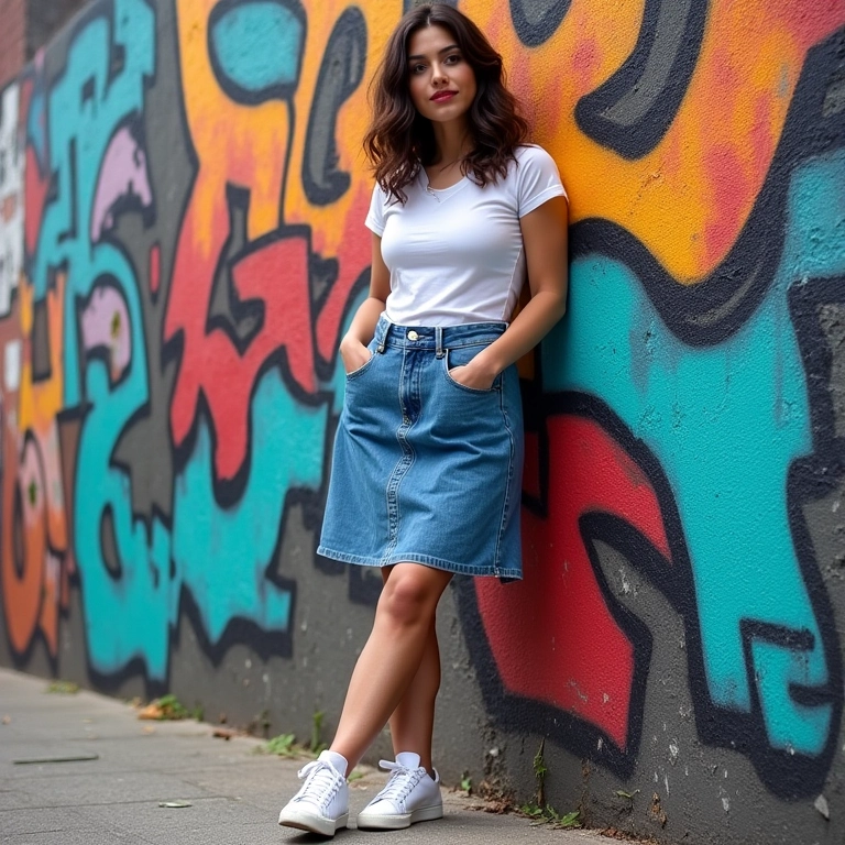Mulher brasileira com saia midi jeans e tênis apoiada em parede de grafite colorida em São Paulo.