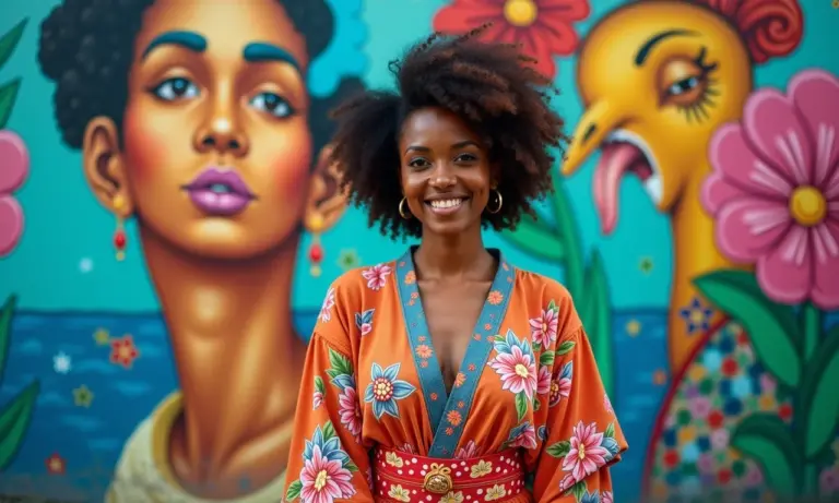 Mulher brasileira com um kimono colorido em frente a um grafite vibrante no Rio de Janeiro.