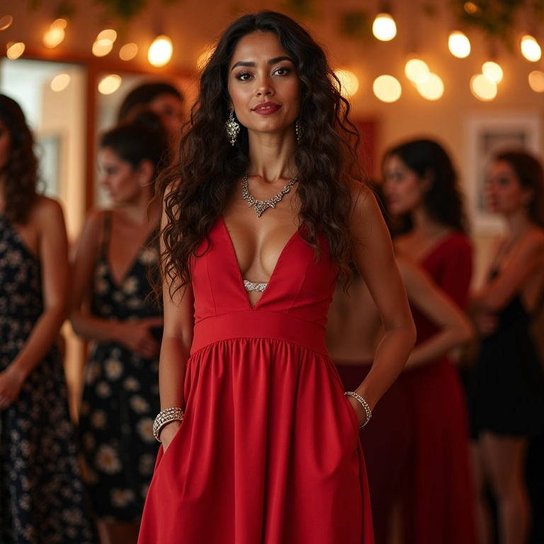 Mulher brasileira com vestido midi e acessórios marcantes em festa de confraternização.