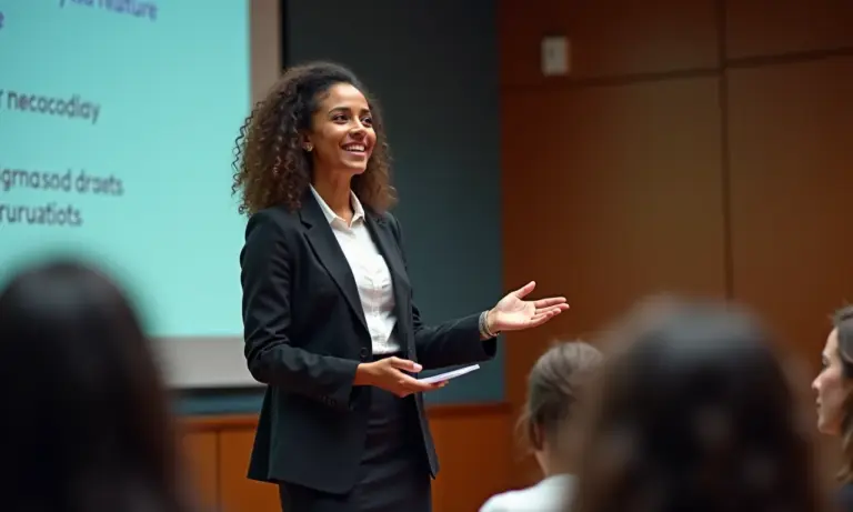 Mulher brasileira confiante apresenta TCC, vestindo blazer e saia elegantes em um auditório moderno.