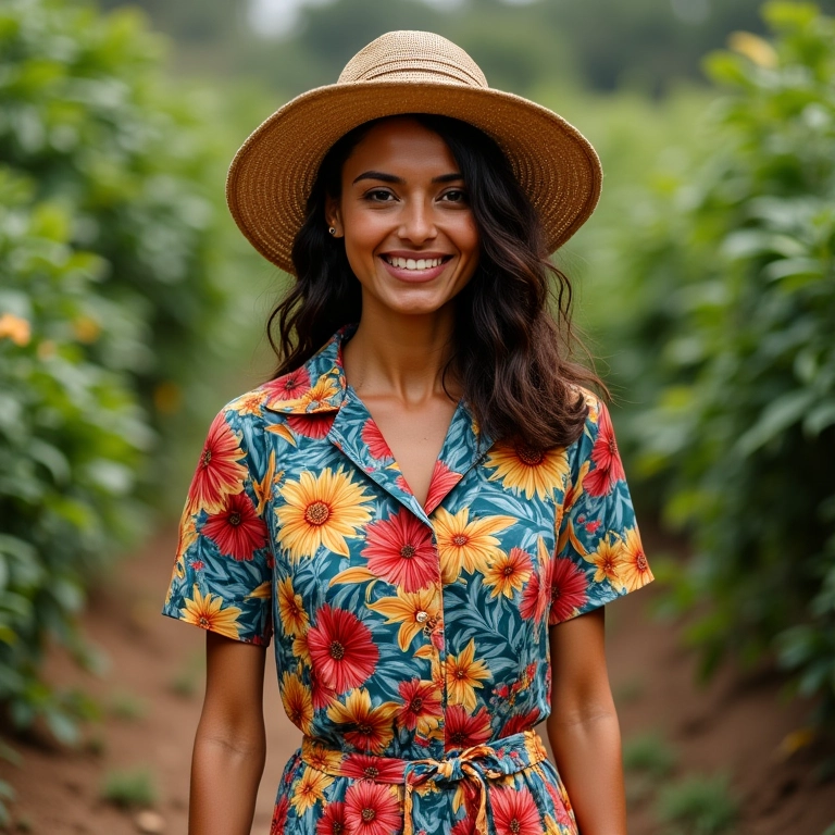 Mulher brasileira confiante combinando estampas florais e geométricas em look vibrante.