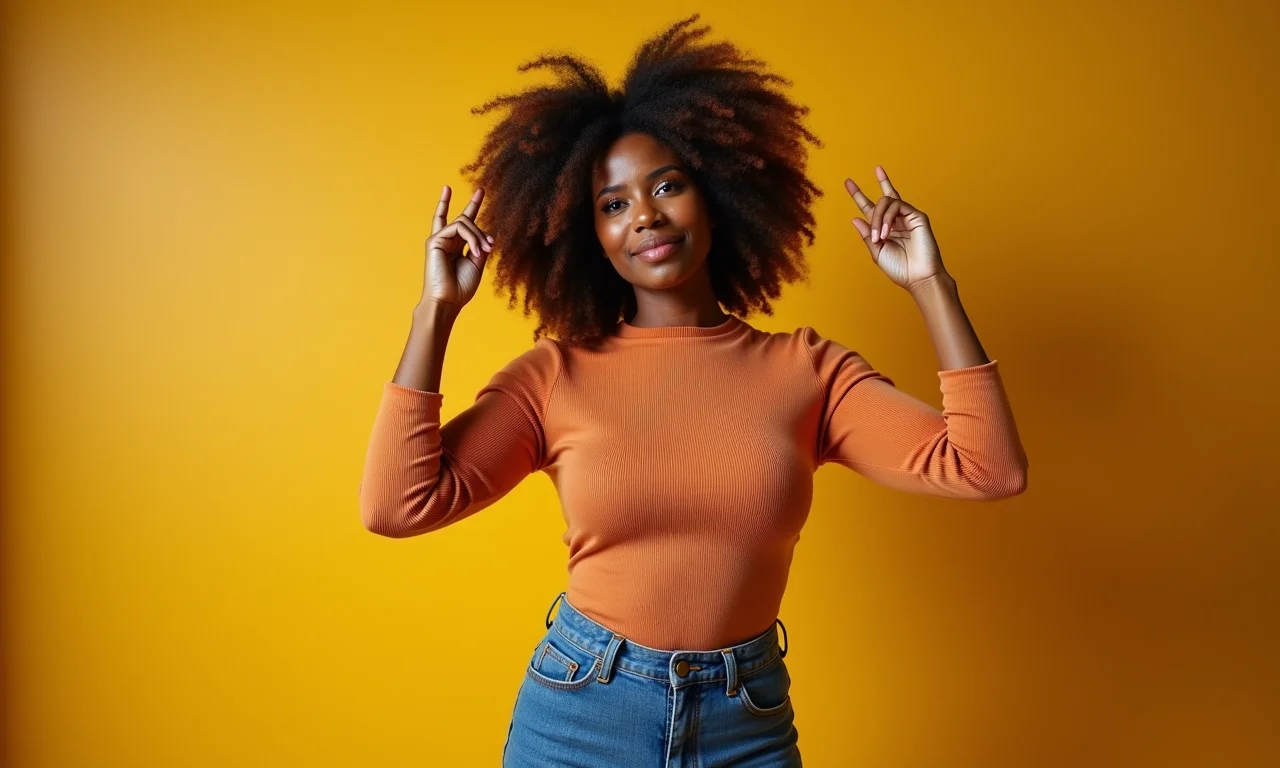 Mulher brasileira confiante dizendo 'Xô', vestindo roupa elegante e empoderadora.