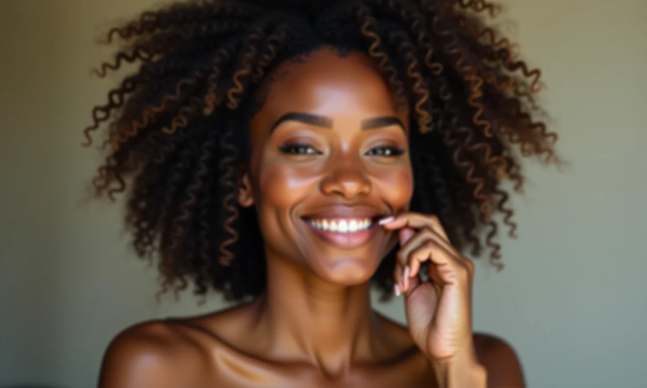 Mulher brasileira confiante usando maquiagem vegana.