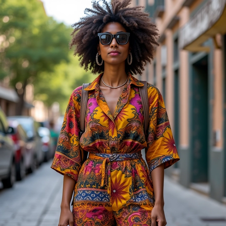 Mulher brasileira confiante usando um look ousado e colorido, expressando sua individualidade.