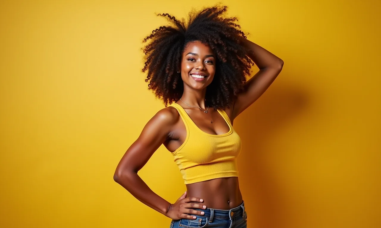 Mulher brasileira confiante, vestindo roupas estilosas que valorizam seus ombros e braços. Fotografia lifestyle, cores vibrantes.