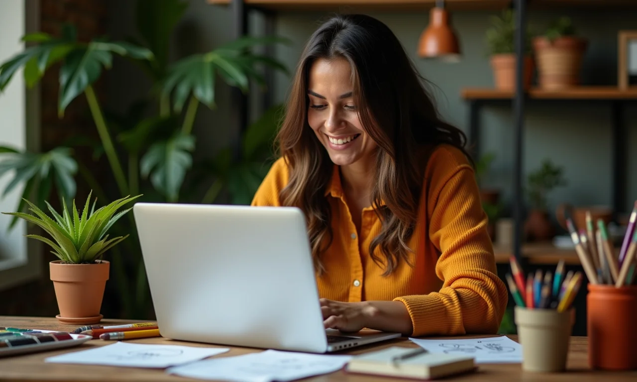 Mulher brasileira criando conteúdo online com alegria e criatividade.