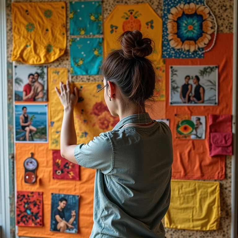 Mulher brasileira criando um painel de inspiração com fotos, tecidos e texturas para definir seu estilo.