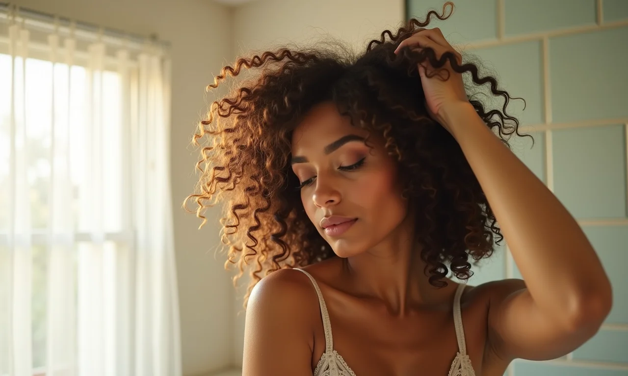 Mulher brasileira de cabelos cacheados tocando seus cabelos no banheiro.