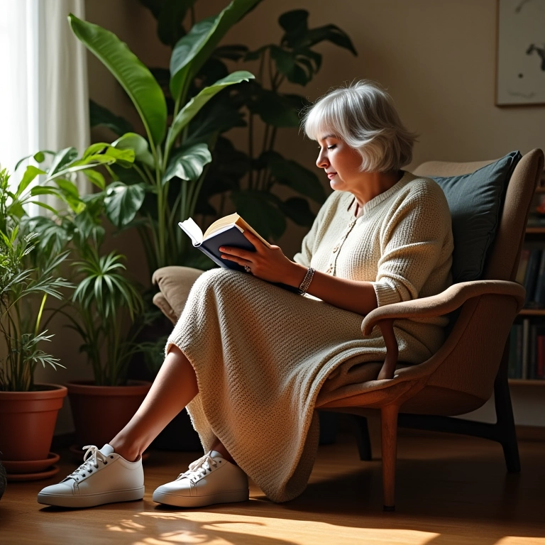 Mulher brasileira de meia-idade com saia midi de tricô e tênis sentada em sala aconchegante com plantas e artesanato.