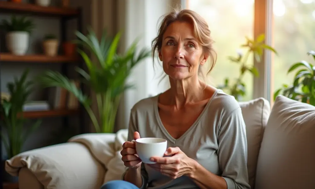 Mulher brasileira de meia-idade refletindo sobre a menopausa precoce.