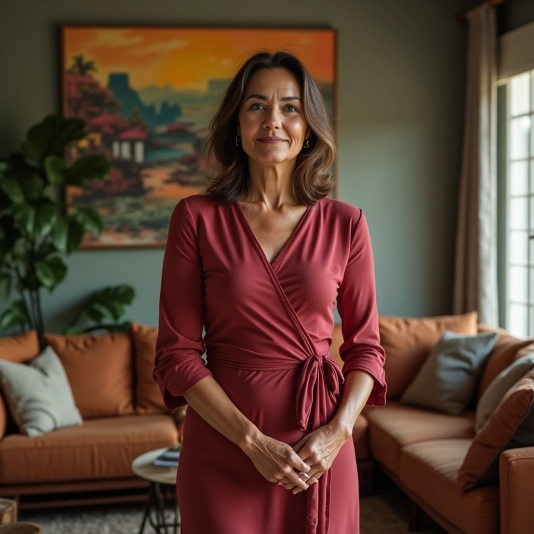Mulher brasileira de meia-idade usando vestido acinturado em sala com decoração brasileira, peça-chave do guarda-roupa.