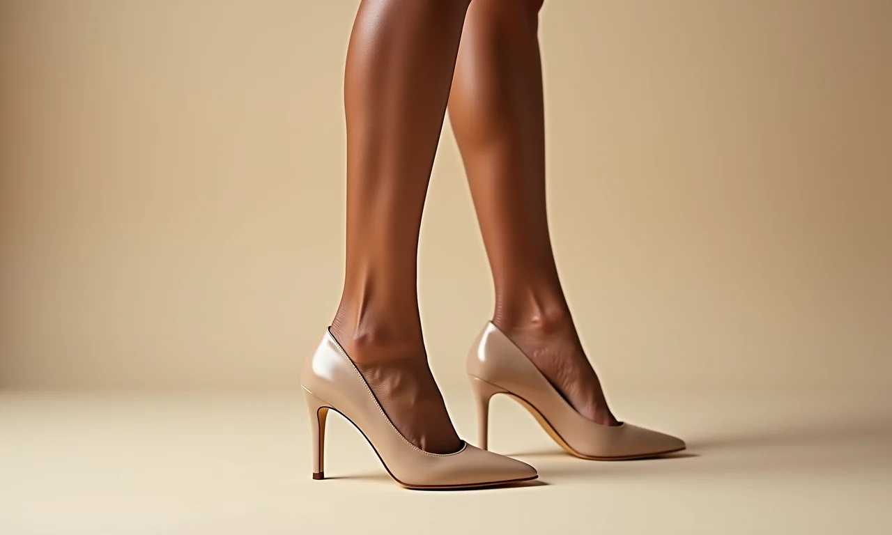 Mulher brasileira de pele bronzeada usando sapatos nude em fundo neutro.