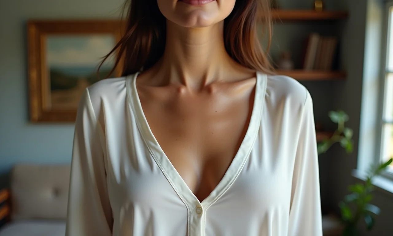 Mulher brasileira de pele clara com blusa decote V em apartamento decorado no estilo Farm Rio.