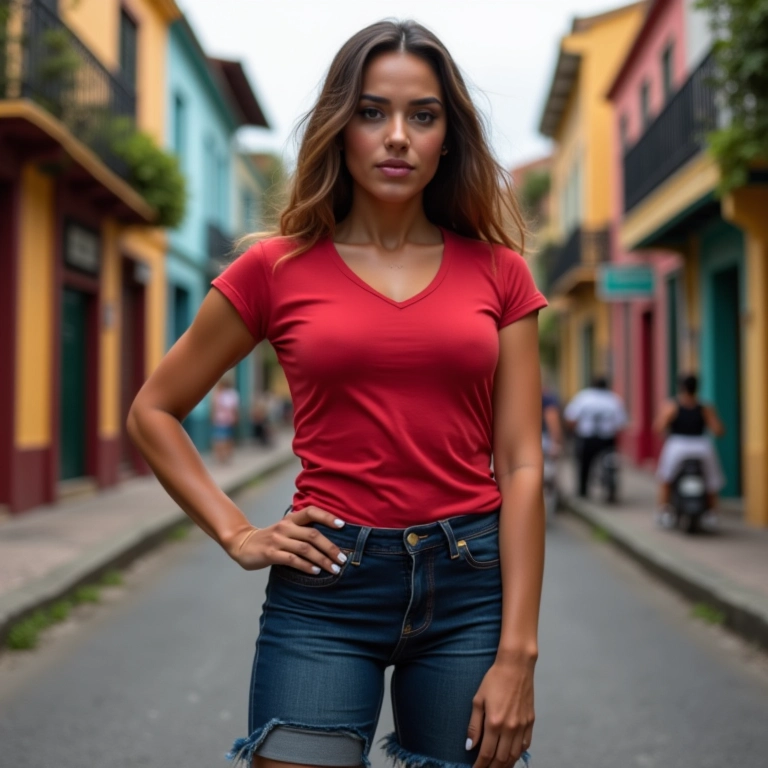 Mulher brasileira de quadril largo e silhueta ampulheta posando confiante no Rio, vestindo roupas estilosas que valorizam suas curvas.