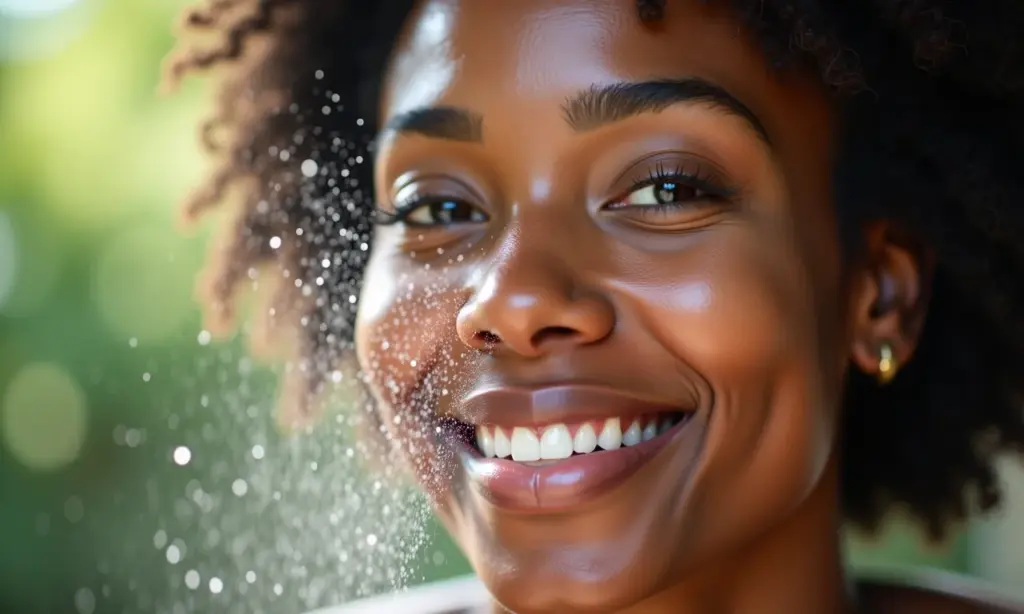 Mulher brasileira diversa aplicando água termal no rosto.