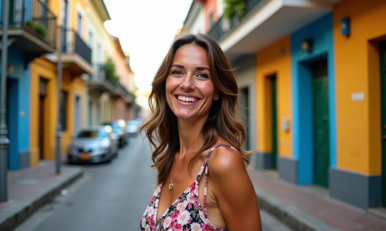 Mulher brasileira elegante de 45 anos sorrindo em uma rua vibrante do Rio de Janeiro.