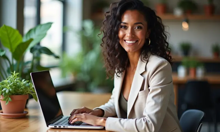 Mulher brasileira elegante usando blazer de linho em espaço de trabalho compartilhado e vibrante.