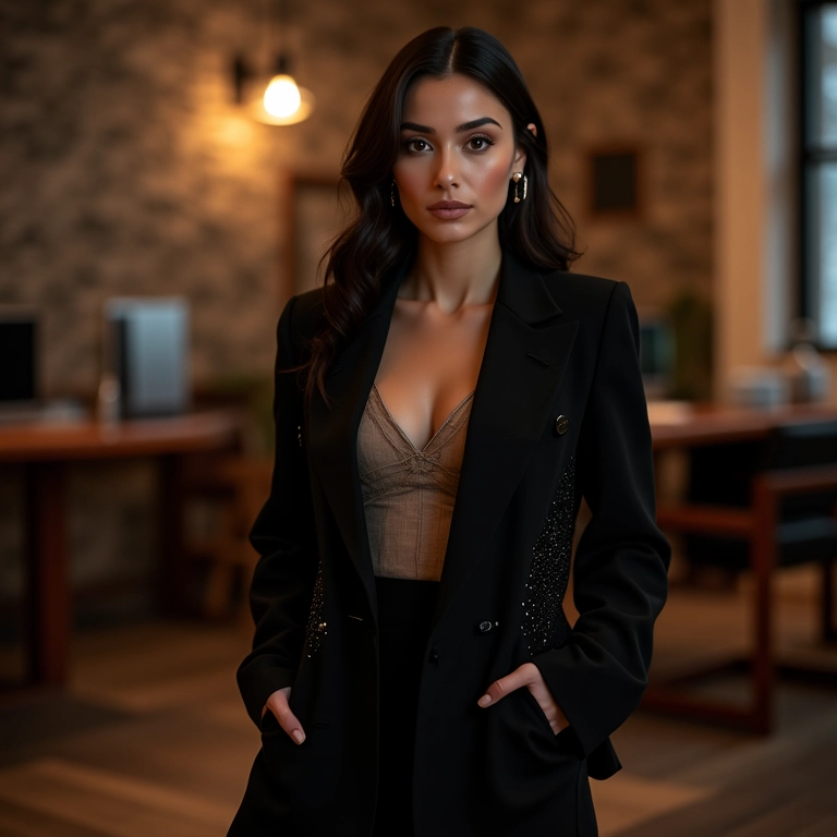 Mulher brasileira elegante usando blazer preto com brilho e calça de alfaiataria em festa de confraternização.