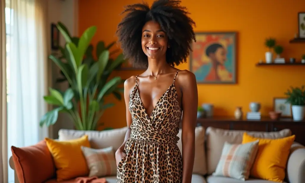 Mulher brasileira em sala vibrante, vestindo elegante vestido animal print, mostrando a tendência duradoura do animal print em 2025.