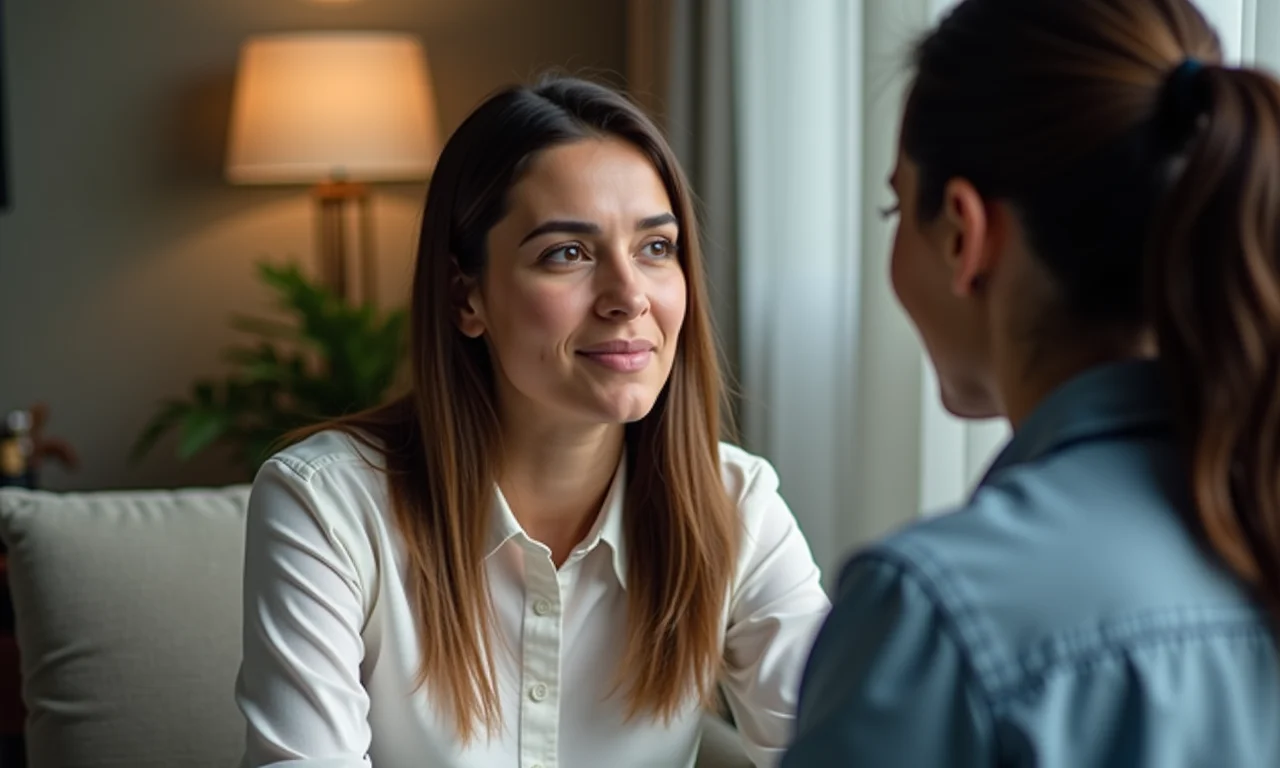 Mulher brasileira em uma sessão de terapia, conversando com um terapeuta.