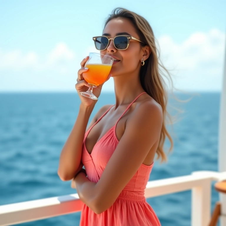 Mulher brasileira em vestido leve bebendo drink em cruzeiro.