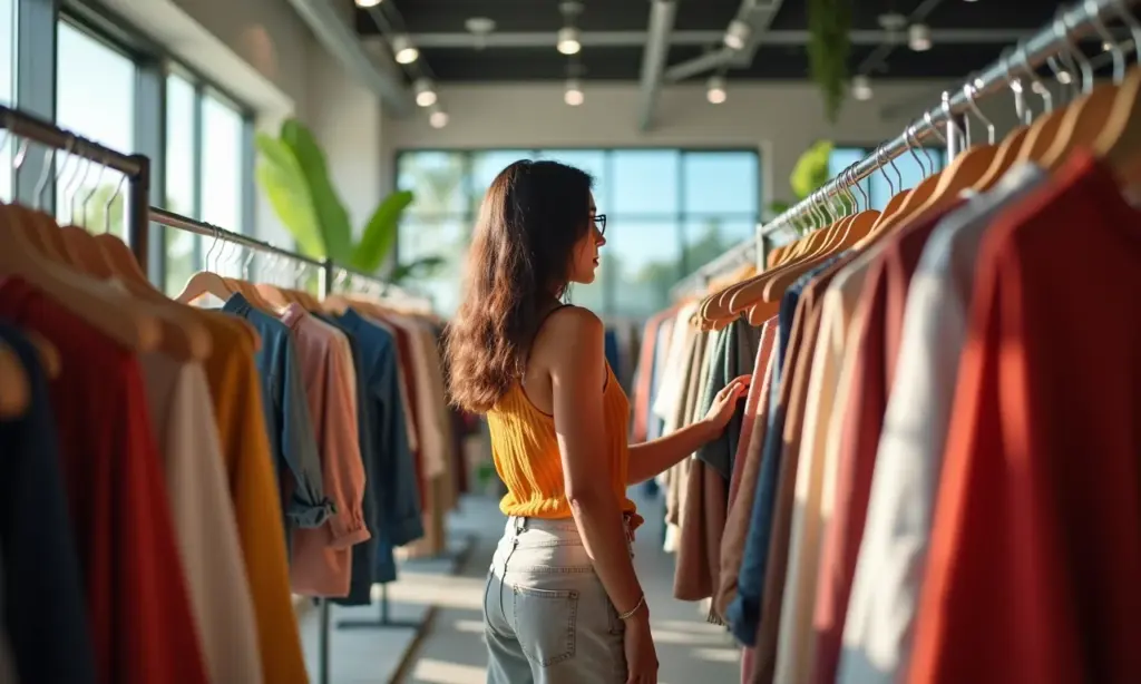 Achados Fashion: As Melhores Lojas de Departamento para Comprar Roupas Femininas com Qualidade e Preço Bom Mulher brasileira escolhendo roupas em loja de departamento com luz natural e decoração vibrante.