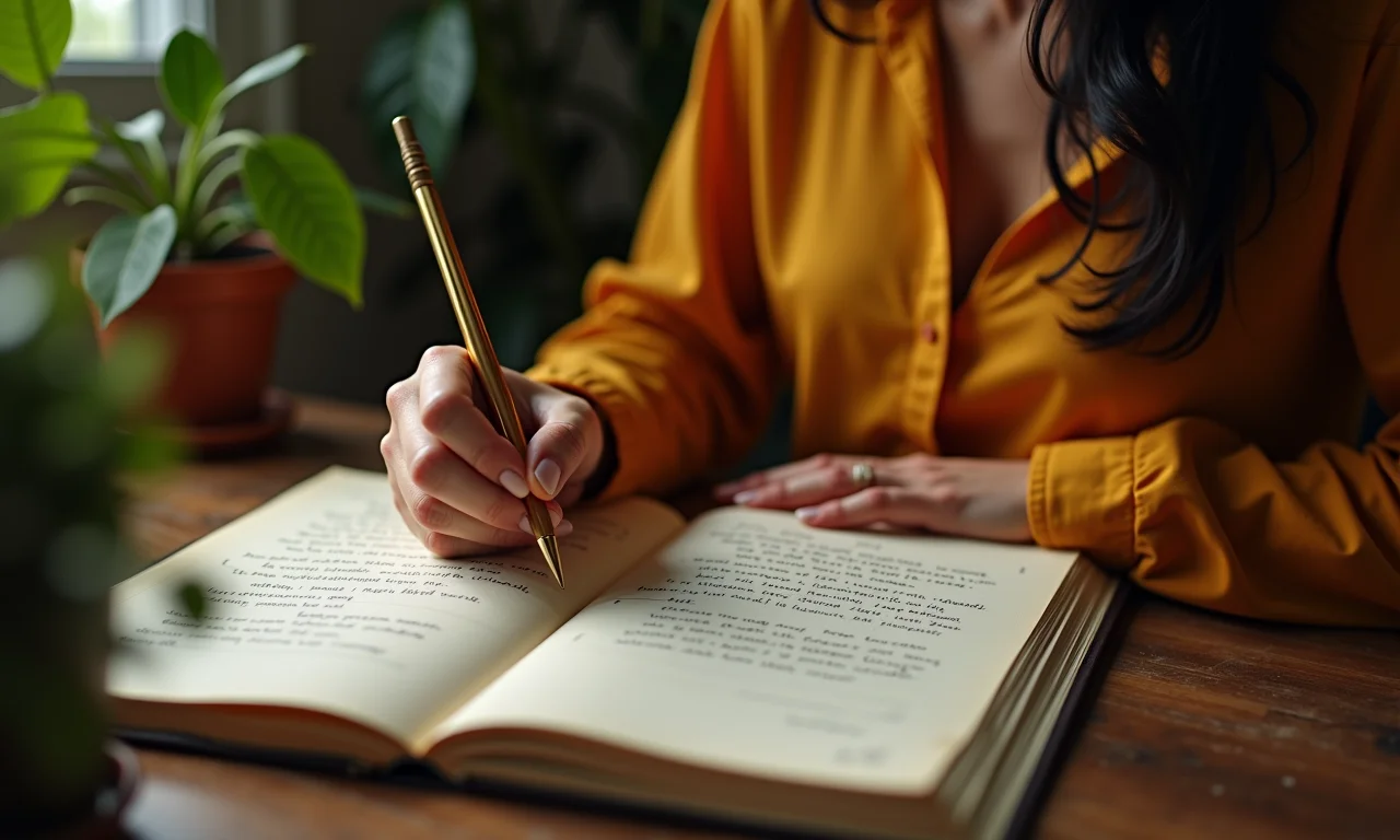 Mulher brasileira escrevendo em um diário com afirmações positivas.