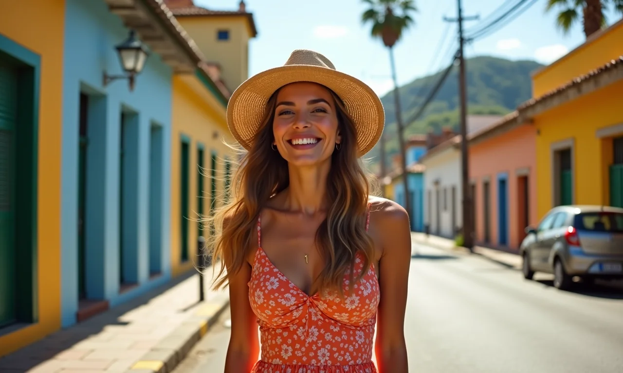 Mulher brasileira estilosa aproveitando a primavera no Rio.
