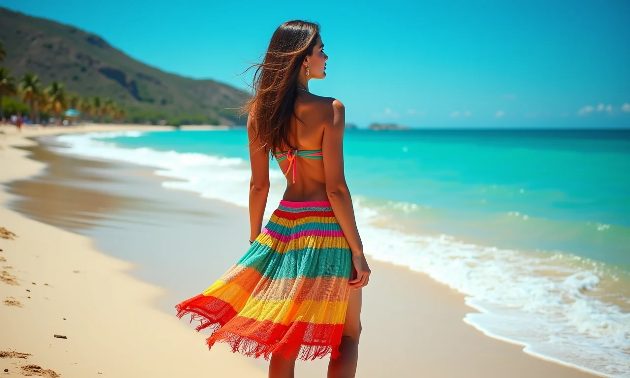 Mulher brasileira estilosa com saia pareô na praia.