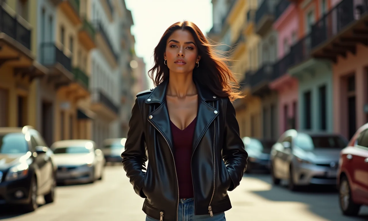 Mulher brasileira estilosa desfila em São Paulo com jaqueta de couro.
