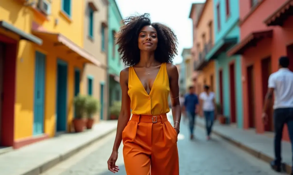 Mulher brasileira estilosa usando calça pantalona em cenário urbano vibrante.