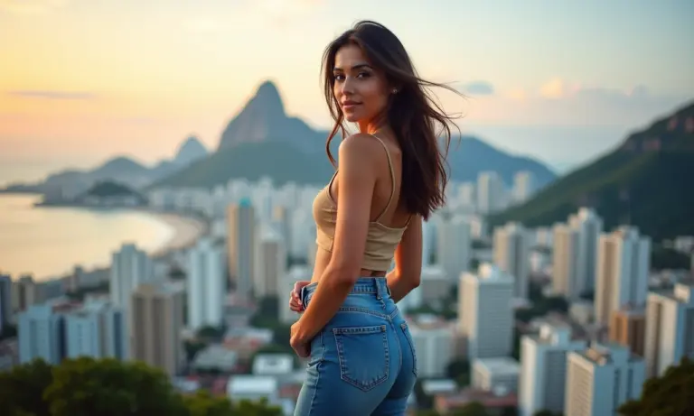 Mulher brasileira estilosa usando jeans de cintura alta e blusa, com Rio de Janeiro ao fundo.