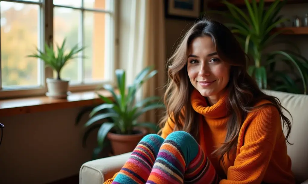 Meia-Calça Colorida: Como Usar essa Tendência Divertida para Dar um Up nos Looks de Inverno Mulher brasileira estilosa usando meia-calça colorida em um look de inverno vibrante.