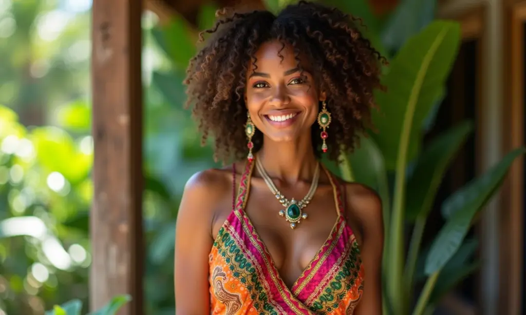 Mulher brasileira exibindo diversos decotes em vestido colorido