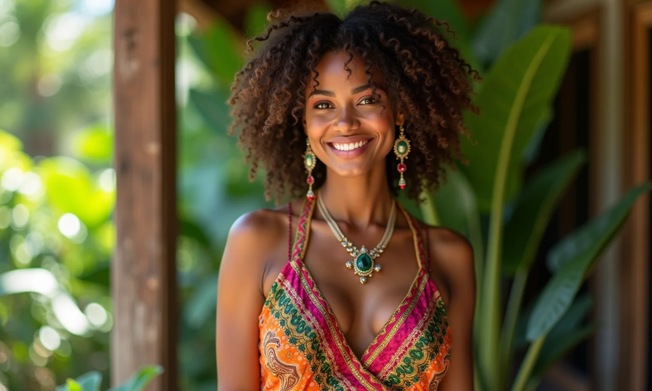 Mulher brasileira exibindo diversos decotes em vestido colorido