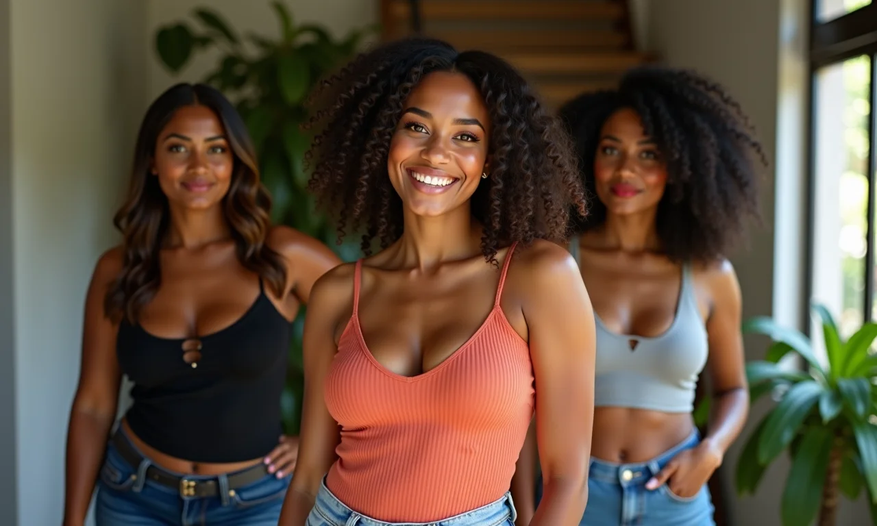 Mulher brasileira experimentando diferentes tipos de decote que valorizam o colo.