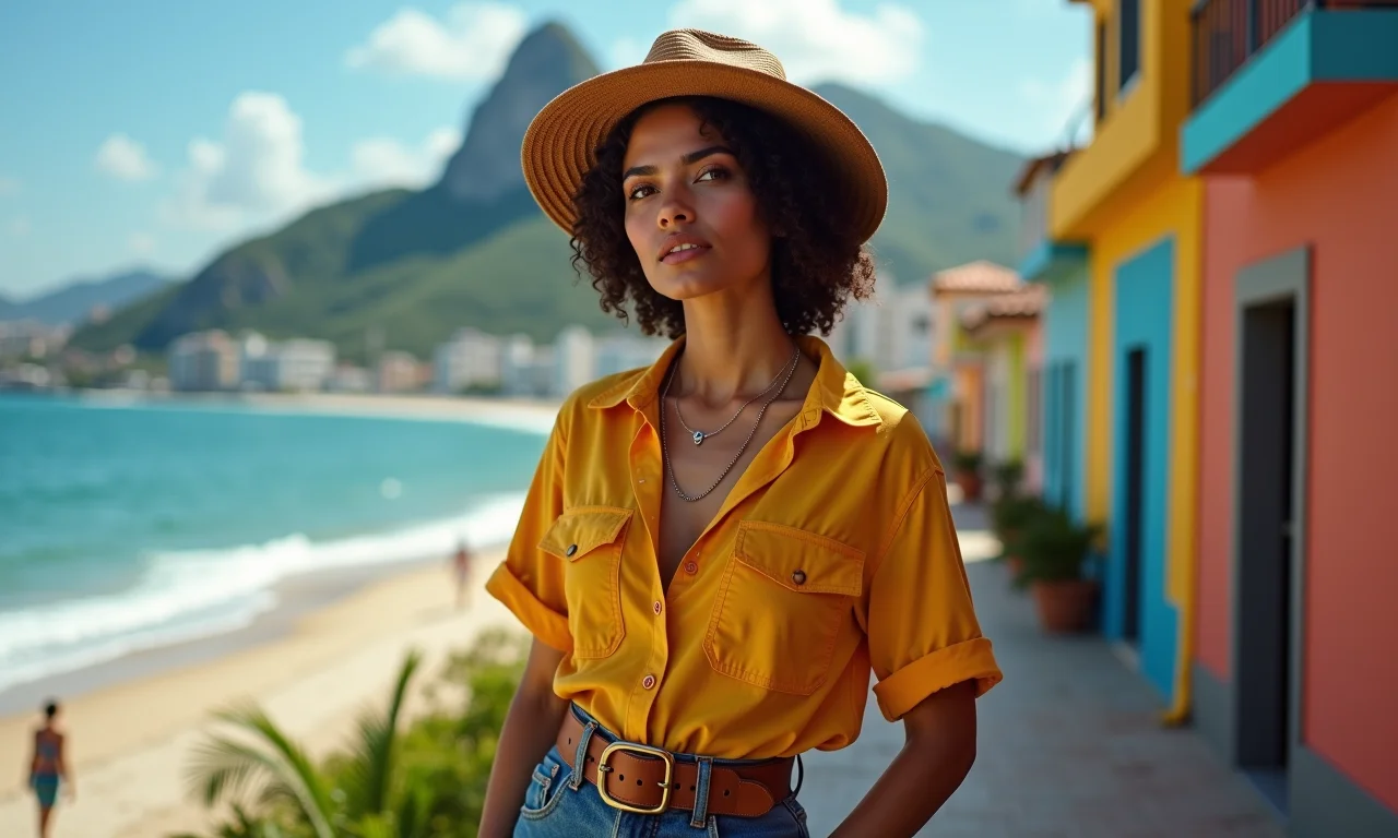Mulher brasileira expressa estilo único combinando roupas vintage e modernas no Rio de Janeiro.