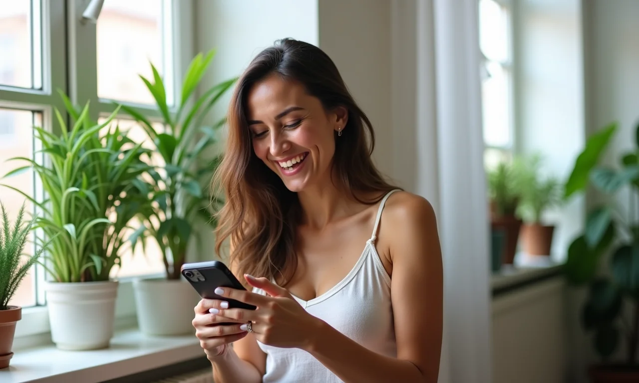 Mulher brasileira feliz desfazendo amizade com perfis tóxicos em seu telefone.