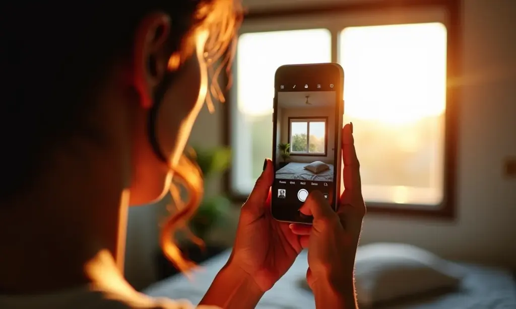 Mulher brasileira fotografando com celular usando a luz da janela em um ambiente aconchegante.