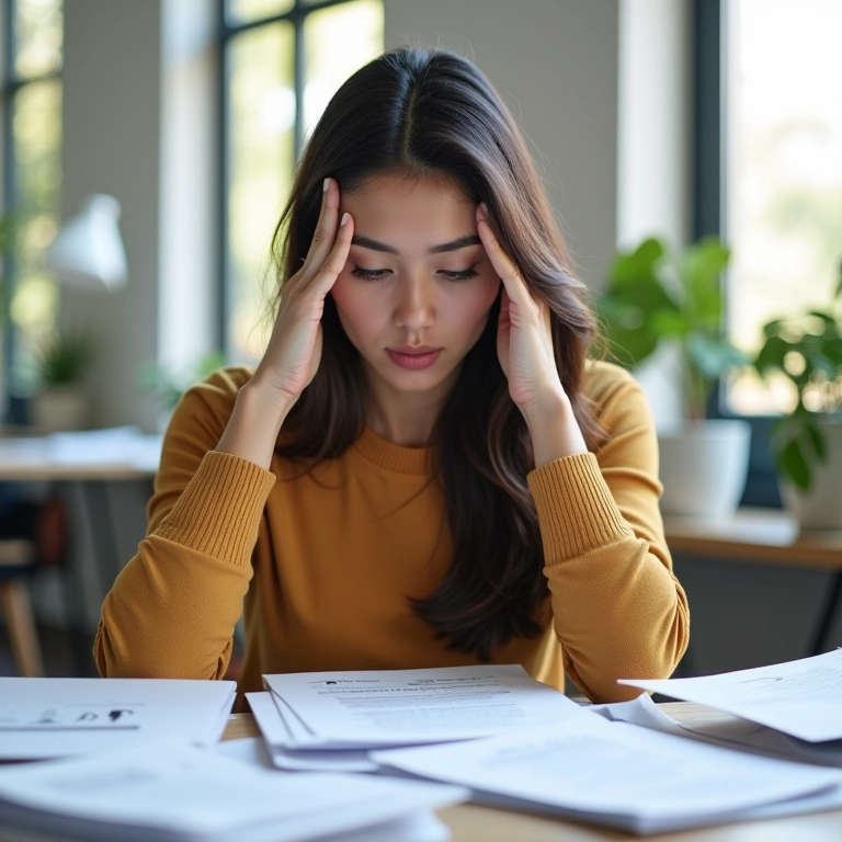 Mulher brasileira massageando as têmporas devido ao cansaço visual.