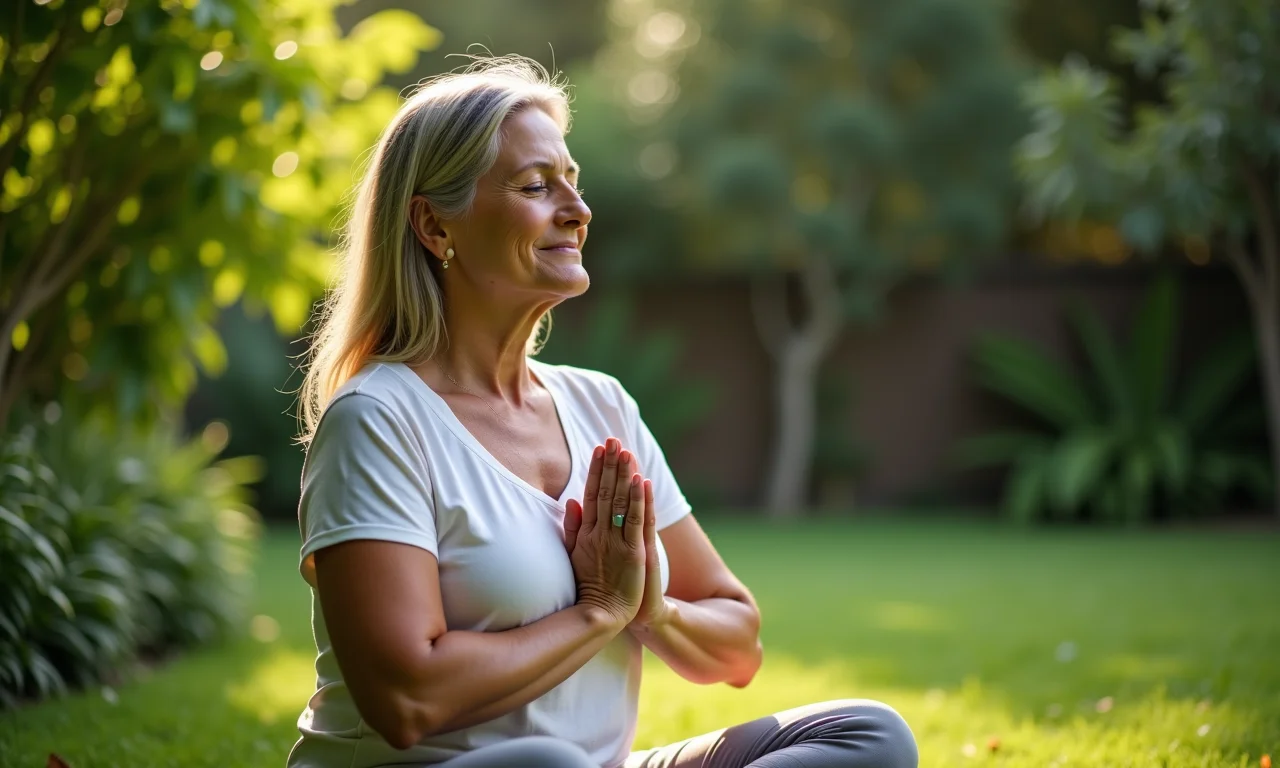 Mulher brasileira meditando em jardim tranquilo