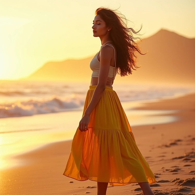 Mulher brasileira na praia de Ipanema usando saia pareô como vestido.