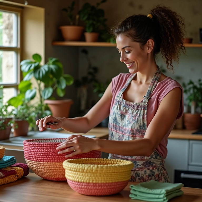 Mulher brasileira organizando panos de prato em cestos coloridos na cozinha.
