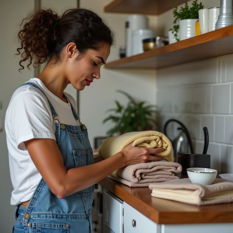 Mulher brasileira organizando panos de prato em cozinha pequena com soluções criativas.