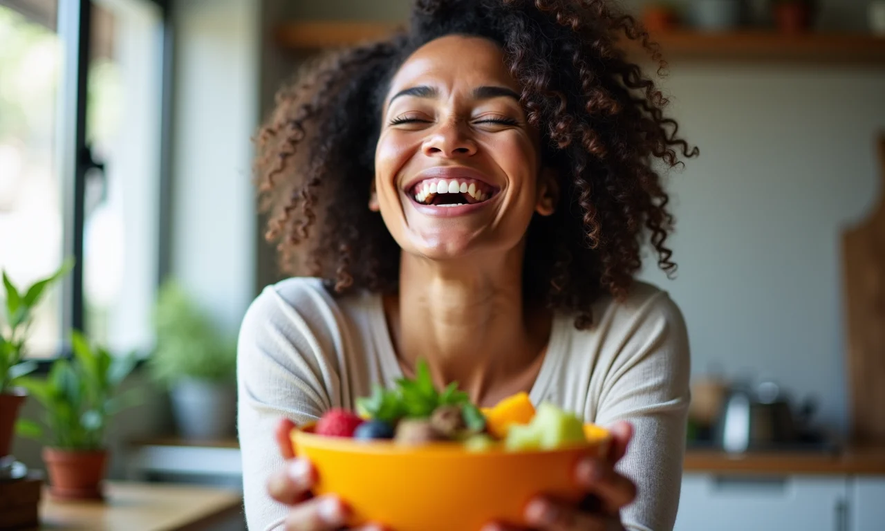 Mulher brasileira radiante preparando café da manhã saudável