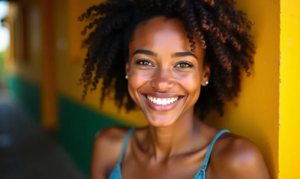 Aprenda a realçar sua beleza e a se sentir mais confiante Mulher brasileira radiante sorrindo com confiança, demonstrando beleza e autoestima.